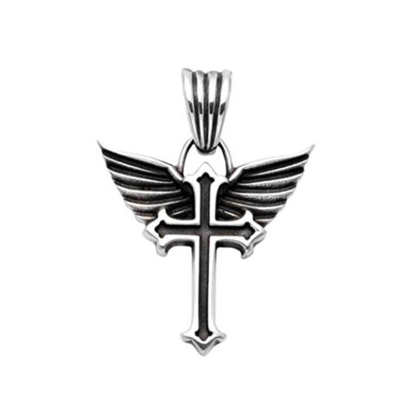 Oxidized Sterling Silver Florentine Cross & Angel Wings Pendant - Picture 1 of 1